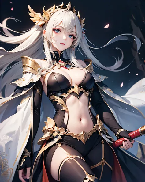 Beautiful female emperor, Clear skin, Beautiful appearance, There is deep wisdom in her eyes, It&#39;s as if she sees through the whole world, Wearing a luxurious white robe, Holding a long sword, Robes fluttering in the wind and silver hair blowing in the...