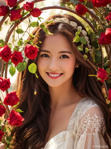 Highest quality　masterpiece　detailed　A very pretty woman is smiling and standing under a rose arch　Photo style　Fantasy