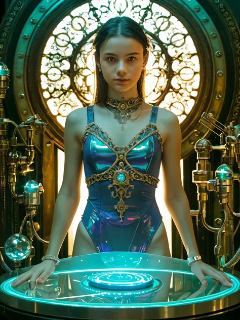 girl, (full body:0.8), sleeveless highleg leotard, (15yo, cute:1.8), (breasts:1.2), detailed face, looking at viewer, wearing magical ring, intricate ornate details, super details, exquisite gemstones, fantastic design, realistic, jewels, ethereal, biolumi...