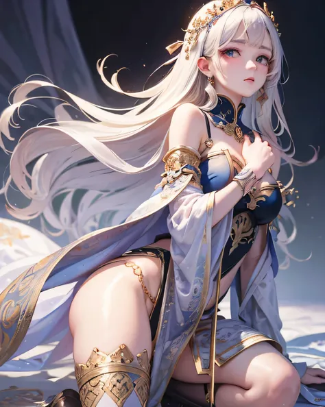 Masterpiece, Highest quality, Ultra-high resolution, Detailed, Beautiful female emperor, Clear skin, Beautiful appearance, It&#39;s as if she sees through the whole world, Beautiful Face, Beautiful Eyes, Wearing a luxurious white robe, Holding a long sword...