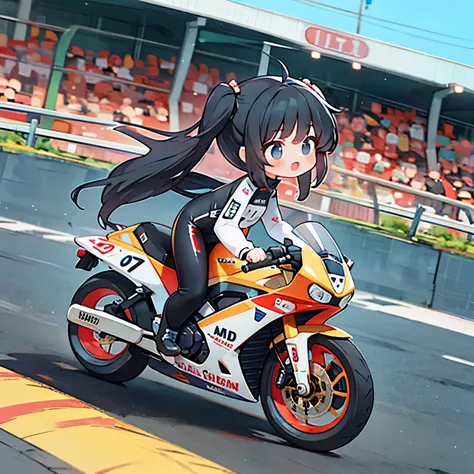 little mascot girl, rear view of a female racer racing on a road bike, black hair, semi-long, stylish, road bike racing, behind ...