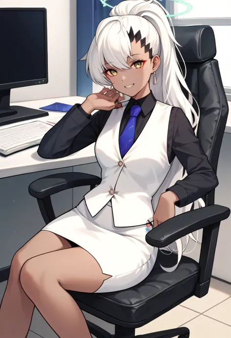 score_9, score_8_up, score_7_up, source_anime, solo, 1girl, bahaine, dark skin, smile, looking at viewer, sitting, swivel chair, ponytail, halo, white vest, black shirt, collared shirt, blue necktie, long sleeves, white skirt, skirt suit, suit jacket, blaz...