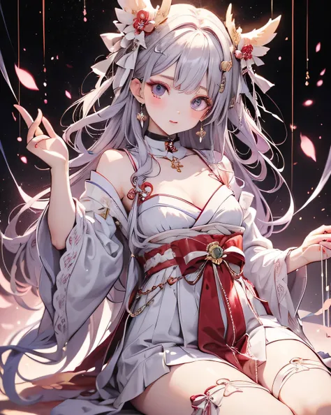 (Highest quality:1.4), High resolution, masterpiece, Detailed, One beautiful woman, Light purple hair, Purple eyes, Beautifully detailed face, Beautiful attention to detail, Mid-chest, Naked thin thighs,, hair ornaments, (red|White Japanese shrine maiden o...