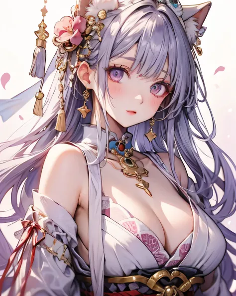 (Highest quality:1.4), High resolution, masterpiece, Detailed, One beautiful woman, Light purple hair, Purple eyes, Beautifully detailed face, Beautiful attention to detail, Mid-chest, Naked thin thighs,, hair ornaments, (red|White Japanese shrine maiden o...