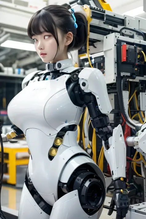 masterpiece, best quality, extremely detailed, Japaese android girl,Plump , control panels,android,Droid,Mechanical Hand, Robot arms and legs,Blunt bangs,long tube,thick cable connected her neck,(robot-assembly plant:1.4),She has assembled now,(assembly sc...