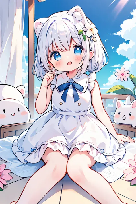 anime、pastel、Cute Asian Kid、Small child、、Very short、Baby Face、Laughing with your mouth open、Happy smile、Showing teeth、Double teeth、Indigo and white hair color、Braided Short、Flower Hair Ornaments、Small animal ears、drooping ears、Fluffy animal tails、Blue eyes...