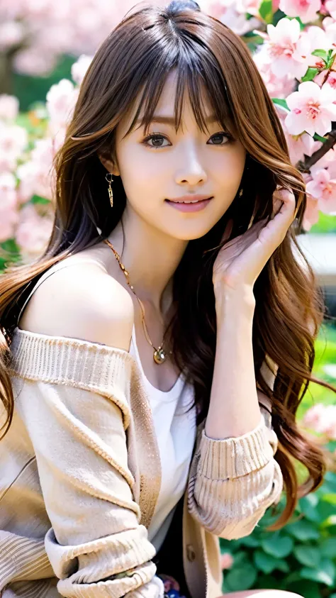 Flawless Anatomy,Image of a beautiful girl who came to see cherry blossoms in full bloom,nice earrings and necklace,front angle photo ,She wears a long-sleeved blouse, a cardigan, and a long plaid skirt.,Angle of view looking up from below under a cherry t...