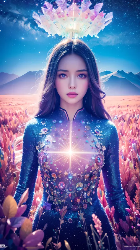 a surreal uncommon landscape, colorful and dreamlike, 1girl standing in a field of floating crystals, detailed face and eyes, et...