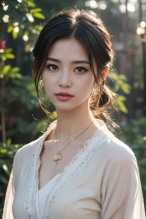 A beautiful girl wearing a hanbok costume, ((Textured black thin purple silk shirt)), white lace top, long purple platinum ponytail hair, bijouterie, Ear jewels, Necklaces and necklaces, Big, carefully drawn purple eyes, Be careful with your makeup, thin e...