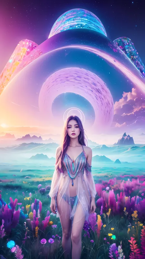 a surreal uncommon landscape, colorful and dreamlike, 1girl standing in a field of floating crystals, detailed face and eyes, et...