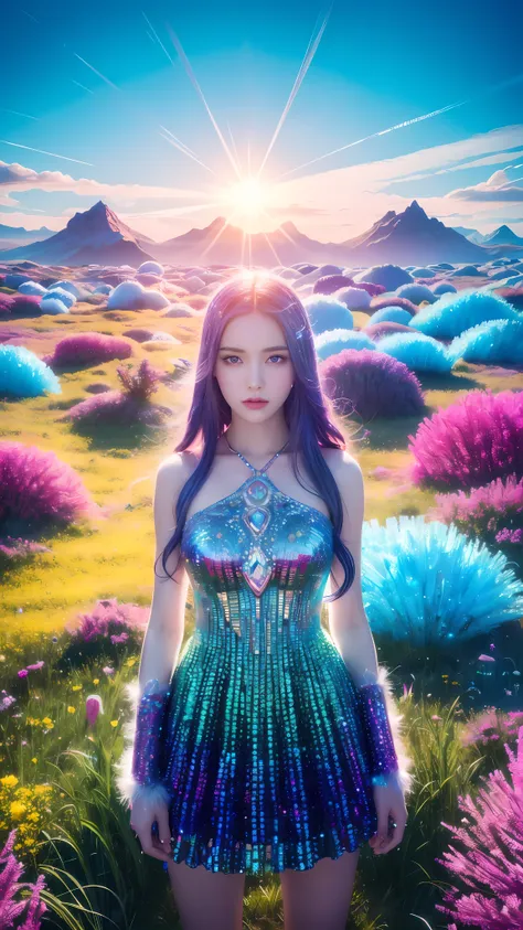 a surreal uncommon landscape, colorful and dreamlike, 1girl standing in a field of floating crystals, detailed face and eyes, et...