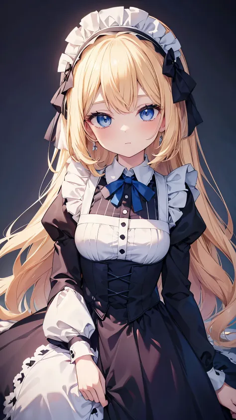 woman in maid outfit posing for photo (tabletop, highest quality:1.2), 8k, 85mm, official art, absurd, blonde, (blue eyes, data ...