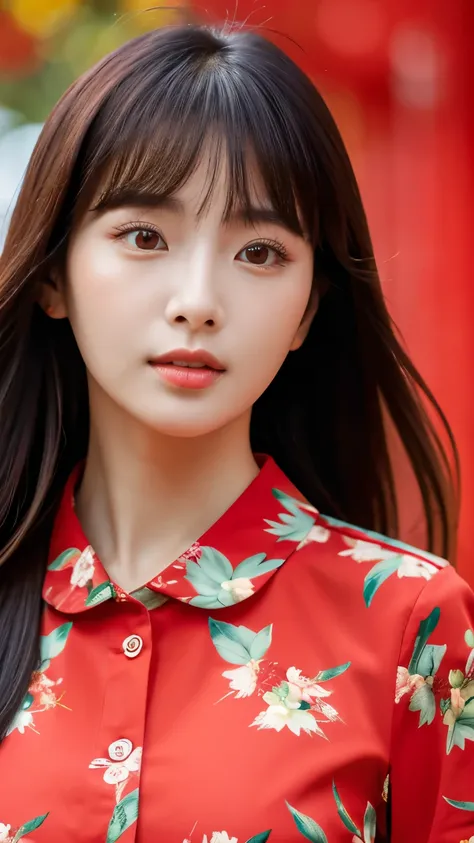 close-up of beautiful beautiful korean female, 34 inch breasts size, wearing red floral collar shirt, bokeh background, UHD