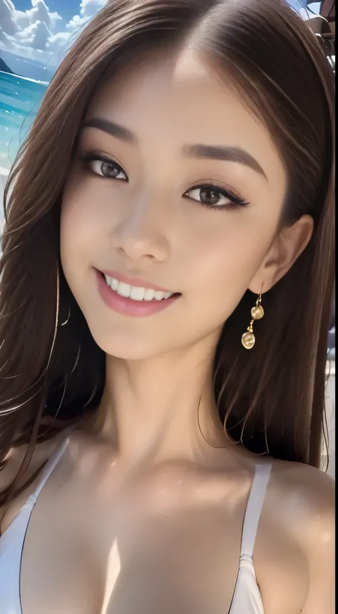 ((Highest quality, 8k, masterpiece :1.3)), One Girl,Looking into the camera,A very loving smile,Beautiful woman, Big Breasts:1.3,White micro bikini swimsuit,Highly detailed face, fine grain, double eyelid,  Blur the background, outside, street, sunny, Ocea...