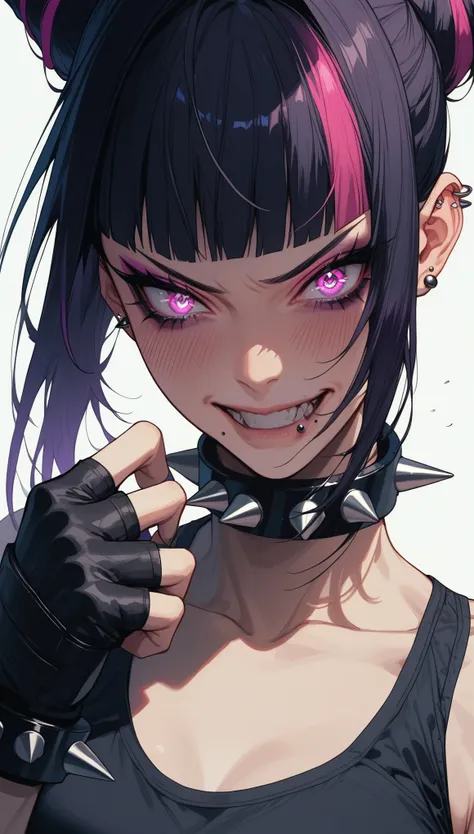 hungry_clicker,(score_9,score_8,score_7_up,score_6_up),street_fighter,street_fighter_6,han_juri,1girl,alternate_hairstyle,aqua_nails,black_gloves,black_hair,blush breasts,collar collarbone,(Crosshatching,chiaroscuro,diffraction spikes:1.8)(diffraction spik...