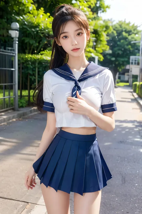 (ultra hd), (looking at me), (the whole body is shown), (short-sleeved sailor uniform, navy blue low-rise mini skirt), (big brea...