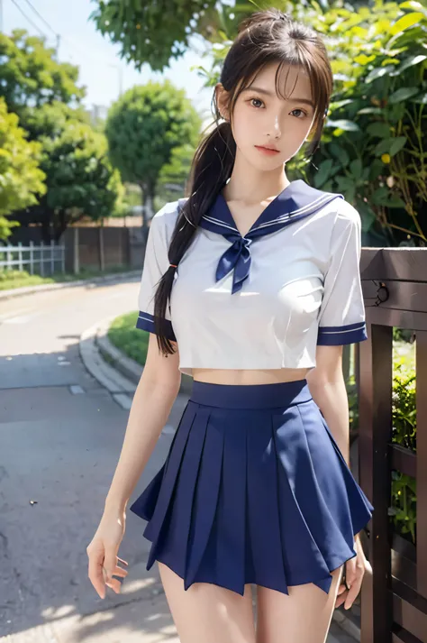 (Ultra HD), (Looking at me), (The whole body is shown), (Short-sleeved sailor uniform, Navy blue low-rise mini skirt), (Big Breasts:1.2), Super beautiful breasts, slender, Narrow waist, (Thin legs:1.2), (Thin thighs:1.2), (Thin Hips:1.4), (Beautiful Skin, ...