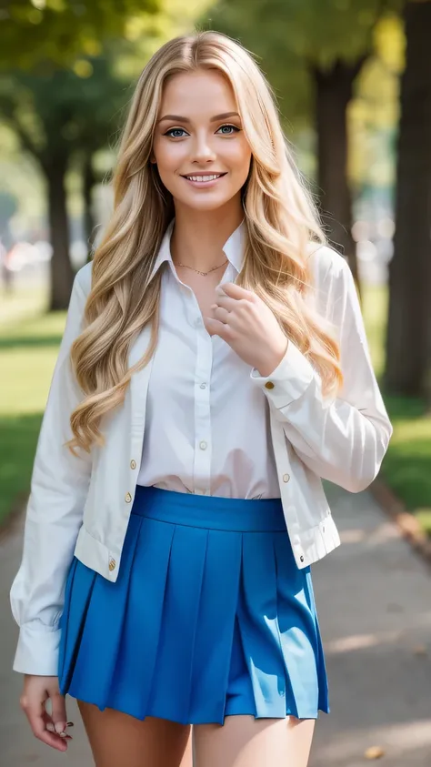 Realistic full body photo of a smiling, Young blonde woman with long hair, She dances in front of the camera in a suit with a purple skirt..., Park,glamour fotoshooting, Park, perfect anatomy, perfect blue eyes. Perfect hands with 5 fingers on each hand, M...