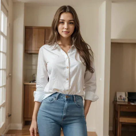 a confident young woman, university student, standing in a winner pose, full body shot, beautiful detailed eyes, beautiful detailed lips, extremely detailed face, long eyelashes, brunette hair, fair skin, wearing a white blouse and blue jeans, enthusiastic...