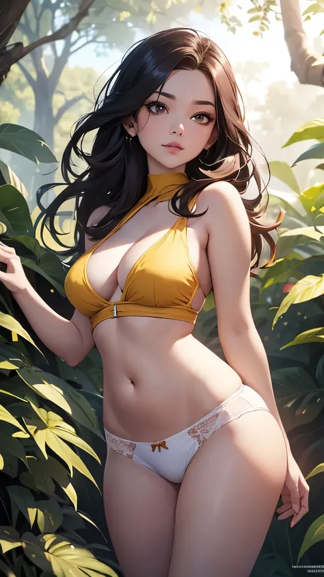 white cute panties, yellow top, perfect hips line, exposed belly, exposed hips, exposed thighs, exposed legs, looking away, perfect hips line, exposed belly, exposed hips, exposed thighs, uma mulher de calcinha fofa posando na floresta, Senna do League of ...