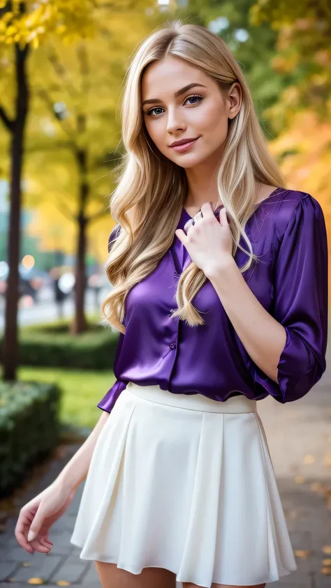 Realistic full body photo of a smiling, Young blonde woman with long hair, She dances in front of the camera in a silk blouse with a purple skirt..., Park,glamour fotoshooting, Park, perfect anatomy, perfect blue eyes. Perfect hands with 5 fingers on each ...