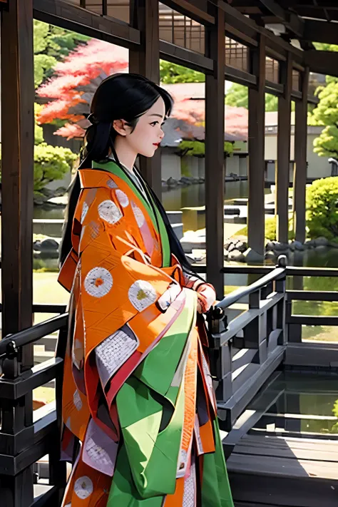 (masterpiece, Highest quality:1.2), One Girl, June, alone, Very long black hair, Opening the Chinese lantern plant、Kabeshiro, lattice、corridor、Japanese garden、