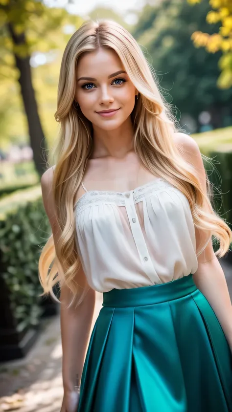 Realistic full body photo of a smiling, Young blonde woman with long hair, She dances in front of the camera in a silk blouse with a green skirt..., Park,glamour fotoshooting, Park, perfect anatomy, perfect blue eyes. Perfect hands with 5 fingers on each h...