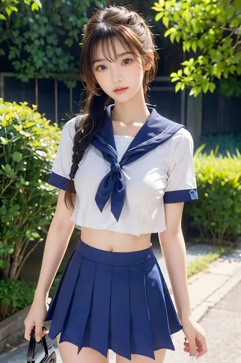 (Ultra HD), (Looking at me), (The whole body is shown), (Short-sleeved sailor uniform, Navy blue low-rise mini skirt), (Big Breasts:1.2), Super beautiful breasts, slender, Narrow waist, (Thin legs:1.2), (Thin thighs:1.2), (Thin Hips:1.4), (Beautiful Skin, ...