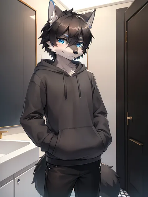 ((Solo, kemono, wolf, male, black hair, blue eyes, wear gray hoodie, wear black pants)), look at camera, standing in luxury bathroom, (luxury house bathroom background, modern, luxury), high detail, face focus, head focus