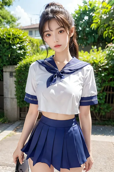 (Ultra HD), (Looking at me), (The whole body is shown), (Short-sleeved sailor uniform, Navy blue low-rise mini skirt), (Big Breasts:1.2), Super beautiful breasts, slender, Narrow waist, (Thin legs:1.2), (Thin thighs:1.2), (Thin Hips:1.4), (Beautiful Skin, ...