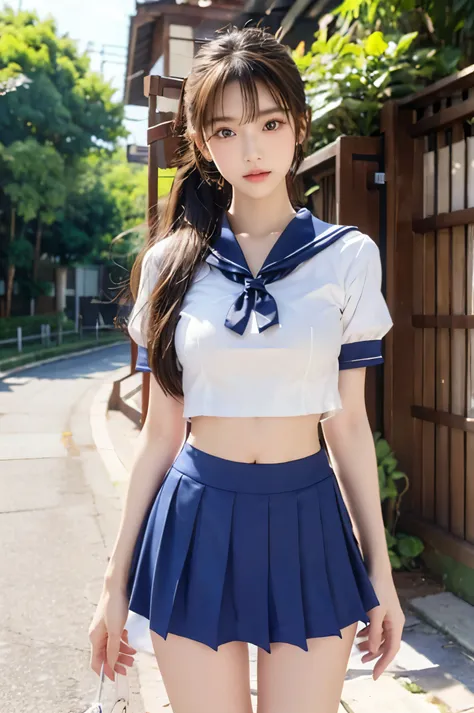 (ultra hd), (looking at me), (the whole body is shown), (short-sleeved sailor uniform, navy blue low-rise mini skirt), (big brea...