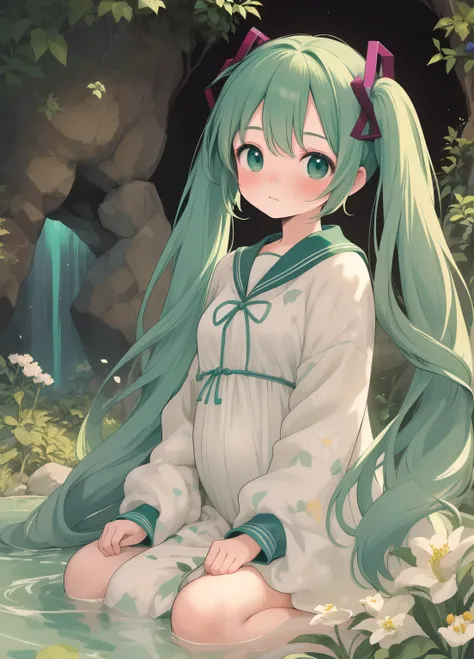 (masterpiece、Highest quality、Highest quality、Official Art、Beautiful and beautiful:1.2)、(One person:1.3)Hatsune Miku、Twin tails,Beautiful breasts, Katsushika Hokusai,Inside a dark cave with an opening at the top, Zenith lighting, A bright plant that gently ...