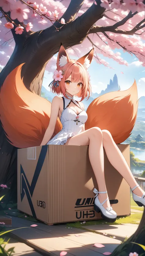 1girl, solo, breasts, looking at viewer, bangs, hair ornament, dress, animal ears, bare shoulders, medium breasts, closed mouth, tail, pink hair, flower, outdoors, frills, sleeveless, day, hair flower, white dress, tree, orange eyes, animal ear fluff, peta...