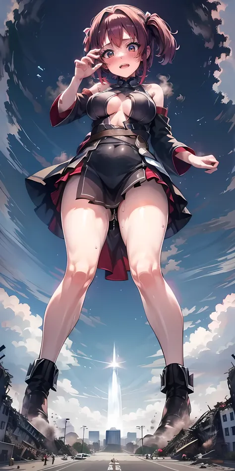 Full body description、looking at the camera、Embarrassed、Sweat it out,Heterochromia iridis,shoulder,Ocean賊,off-the-shoulder-coat,mini skirt, Half-open,Wicked Smile,blush,Open your mouth, sweating,Braid,Black High Leg,vapor,Red clothes,2-pin,Focus on the leg...