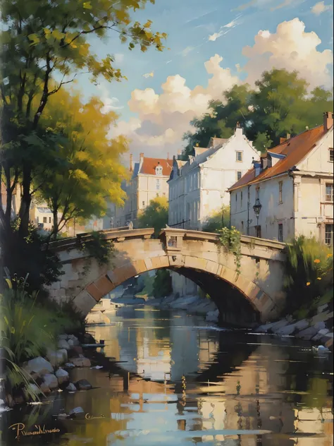 painting of a river with a bridge and a building in the background, by Pieter Franciscus Dierckx, by Carl Frederik von Breda, by Frits Thaulow, by Henri Harpignies, by Luigi Kasimir, by Eugène Brands, by Henri Biva, by Adolf Schrödter, by Ernest Biéler