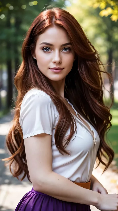 Realistic full body photo of a smiling, Young red-haired woman with long hair, She dances in front of the camera in a silk blouse with a purple skirt..., Park,glamour fotoshooting, Park, perfect anatomy, perfect green eyes. Perfect hands with 5 fingers on ...