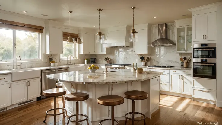 a cozy, modern kitchen with a neutral color palette, featuring white cabinetry, marble countertops, and light wood accents. the ...