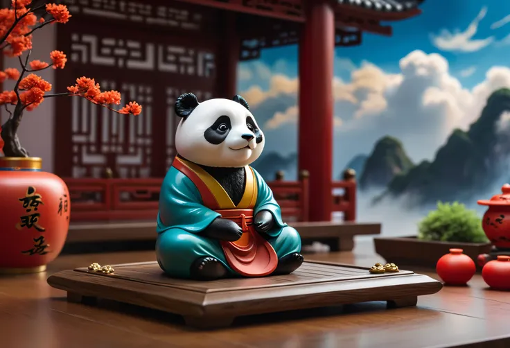 masterpiece, best quality,blind box toy style, ghibli-like colors, from the side, atmospheric perspective, f/1.8, UHD, masterpiece, ccurate, high detail, high quality, high resolution, a panda meditating, meditating, hands folded, chinese auspicious clouds...