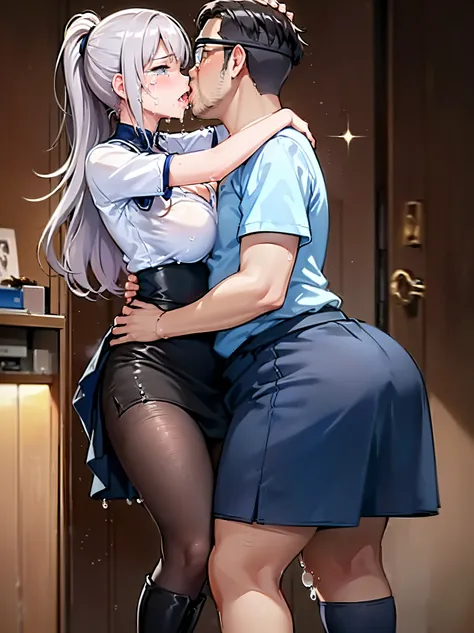 (One Girl, Fat middle-aged man:1.2), 破れたpantyhose, pantyhose, White shirt, Pencil Skirt, blush, (kiss), (hug), office, Very detailed, High resolution, 4K, masterpiece, High resolution、(tears:1.8)、heart、rape、((masterpiece、Highest quality、Super Fine、High res...