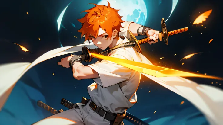 boy, orange hair, pose with a sword, white clothes, modern sword technology, background with orange fireflies