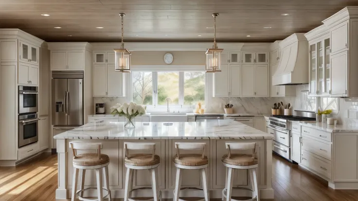 a cozy, modern kitchen with a neutral color palette, featuring white cabinetry, marble countertops, and light wood accents. the ...