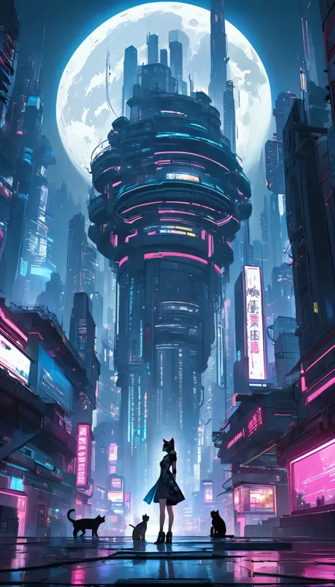 Future City，A cat woman，Wearing cheongsam，Standing in the middle of a platform，There is a huge moon ahead, In a future cyberpunk city, In the cyberpunk city, Cyberpunk art style, Digital Cyberpunk Anime Art, Future cyberpunk scene, Cyberpunk atmosphere, Be...