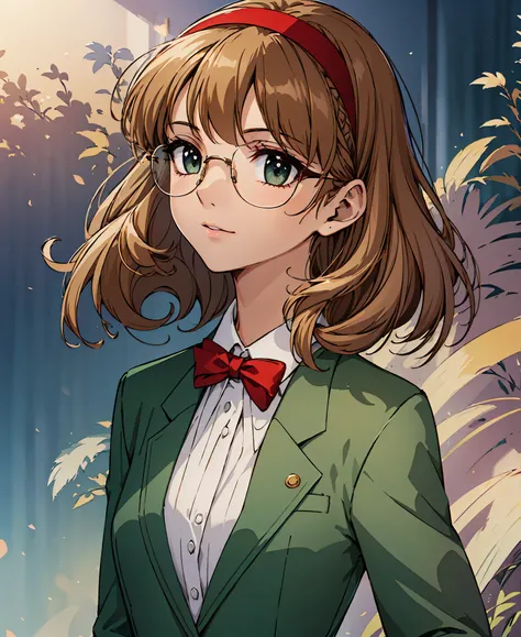 Phoenix Temple Fuu,One girl,short hair,Light brown hair,Glasses,((Red Hairband)),Green blazer,mini skirt,masterpiece,Noise Reduction,Perfect Anatomy,High resolution, Very detailed,Game CG,Dutch Angle ,Beautiful attention to detail,Visual Arts,Five Fingers,...
