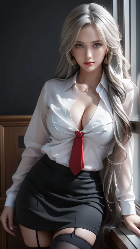 Woman portrait photography, realistic, High resolution, 1 female, alone, Upper body, beautiful eyes, Close your lips, detailed face, gray hair, long hair, collared shirt, visible cleavage, red tie,black skirt, pencil skirt,, stockings