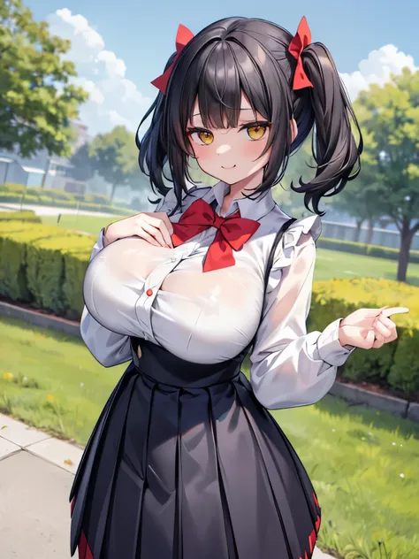 (gigantic breasts),Black Hair,Short Hair,(Two Side Up:1.1),Yellow big eyes,A very happy smile,Open your mouth wide,View Viewer,BREAK,(White ruffled blouse,Long sleeve,Red bow tie,Blue high waist long pleated skirt:1.3),garden,Grass Square,street tree,blue ...