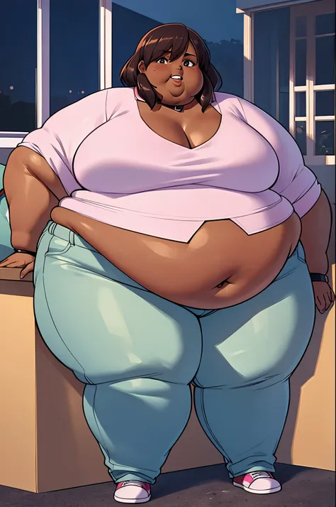 extremely obese african-american woman, belly hanging, ((extremely obese)), belly sagging, loose collar on shirt, wearing a pink...