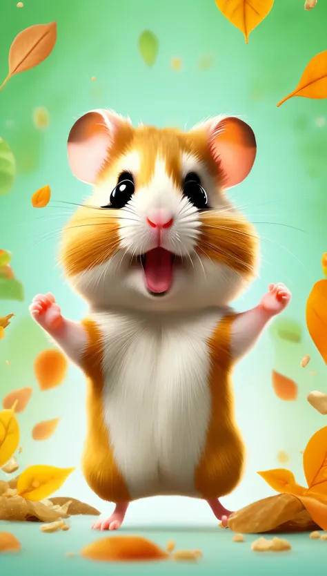 cute hamster, cartoon , arms, , skinny, hands ,cute eyes, looking at viewer, arms up, leaf, hamster food