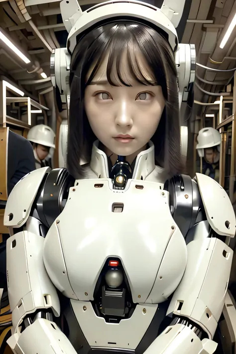 masterpiece, best quality, extremely detailed, Japaese android girl,portrait,Plump,a bit chubby,control panels,android,Droid,Mechanical Hand, Robot arms and legs, Black hair,Blunt bangs,perfect robot girl,long tube,thick cable connected her neck,android,ro...