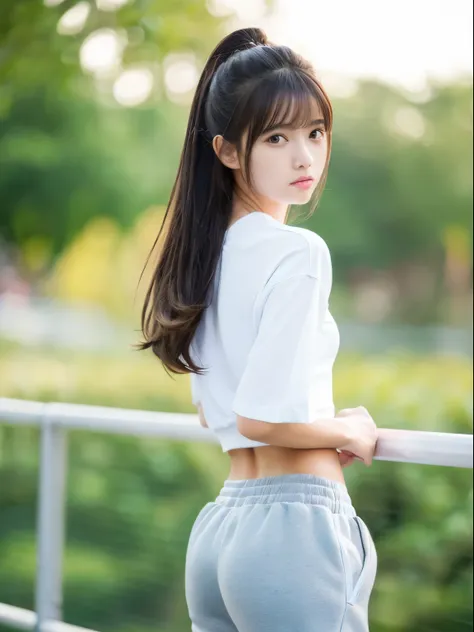 (8k, Top quality, Masterpiece:1.2), (Realistic, photo-realistic:1.37), Super detailed, perfect anatomy, cute, small eyes, 1, a Japanese, girl, sweat shorts, slim legs, outdoor,