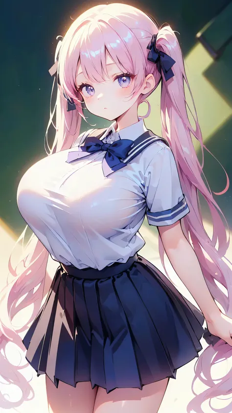 Ultra-high resolution, 8k,high quality,(Ultra-short stature,Gargari body,cowboy shot , ((no hat:1.3))),Slender,Cute hairstyle,(from top),(iridescent light,soft shadow,Anime Painting,thin line drawing),((((super enormous cartoon-like tits,school uniform、Twi...